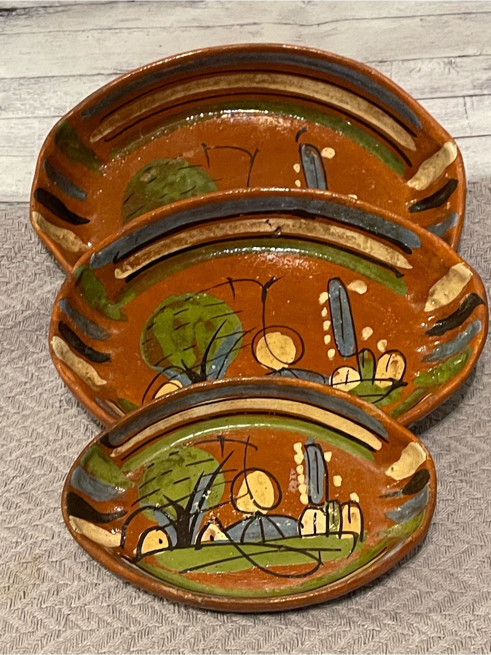Set of 3 VTG Mexican Redware Terracotta Southwest Nesting Hand Painted Oblong